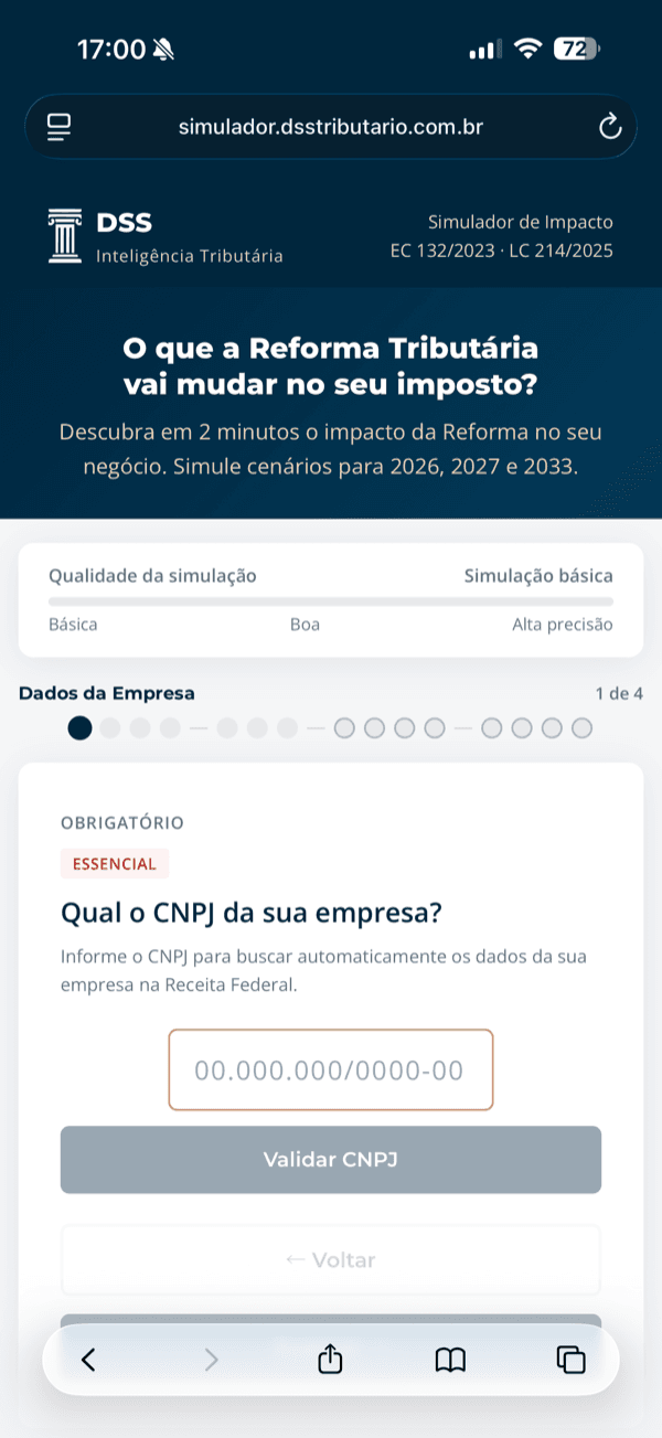 Simulador de Impacto da Reforma Tributária da DSS aberto no celular, na etapa de dados da empresa